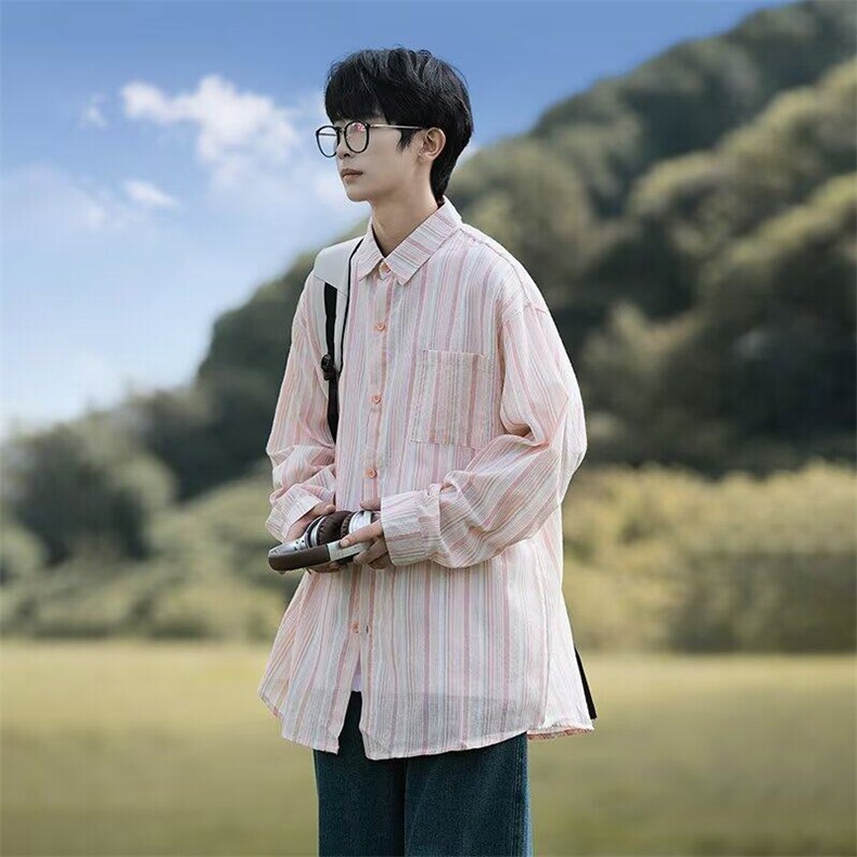 GS520P40日系港风条纹长袖衬衫韩版美式宽松长袖衬衣外套2025,男装衬衫,星座1108-5