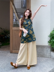 碎花牛仔新中式国风衬衫阔腿裤套装女夏巨好看流行两件套大方得体，女装套装/套裙，浙宝301