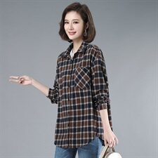 2021年春季POLO领格子衬衫女通勤韩版宽松磨毛衬衣外套，女装衬衫，伊满意