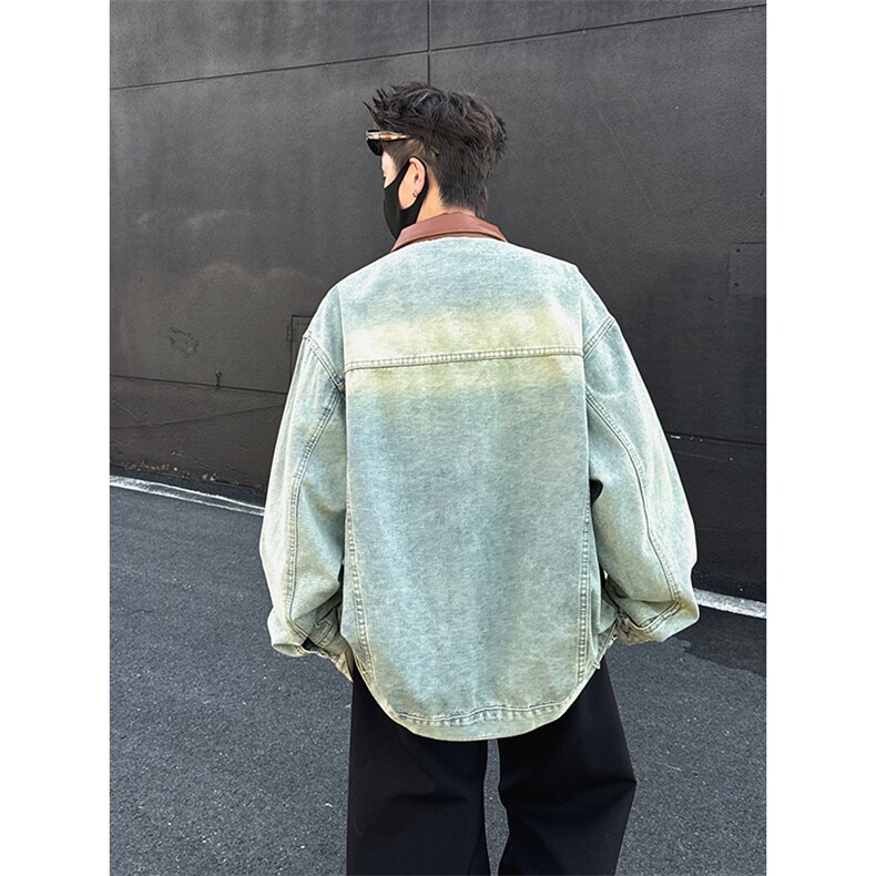 美式复古pu皮拼接牛仔外套男潮牌街头宽松工装夹克JK02576-P70,男装工装外套,星座308B-2