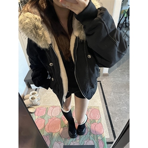 现货重磅boxy短款棉衣座山雕大毛毛领男女棉服水洗工装厚外套图片