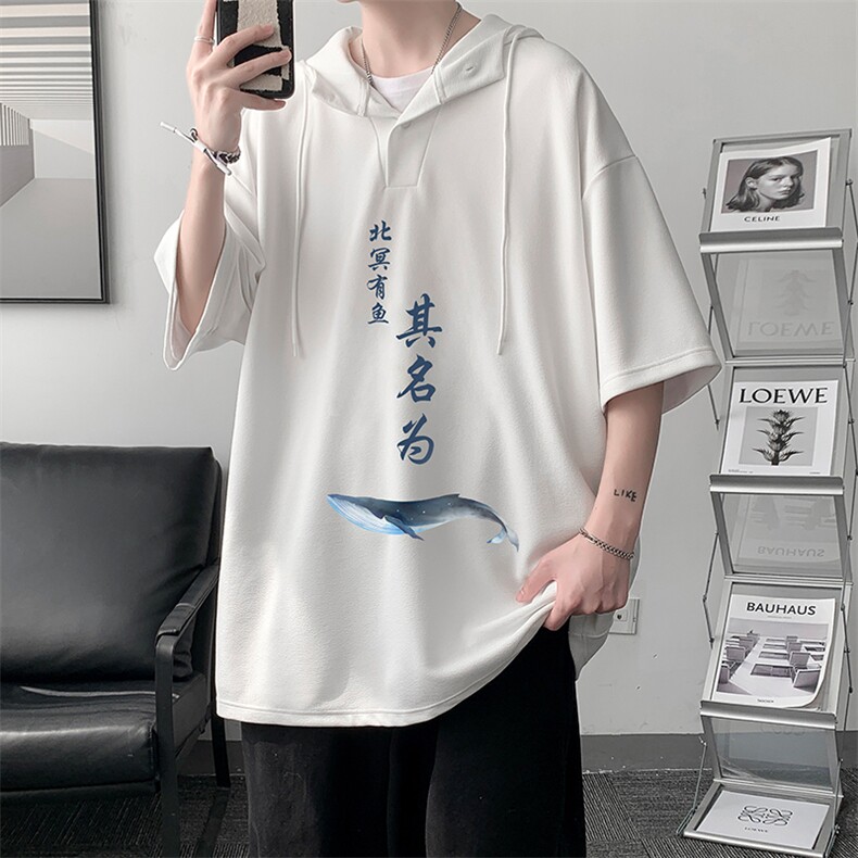 LD54261-P45 连帽短袖t恤男大码胖子带帽五分袖中袖 大皂风图片