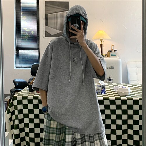 新款优品男士短袖连帽抽绳刺绣字母T恤宽松上衣ZDL3204-P49，男装T恤，星座717