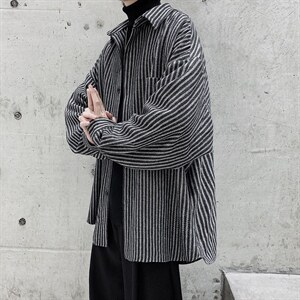 港风复古条纹衬衫加厚男慵懒宽松加大码胖子毛呢衬衣外套DX126P60