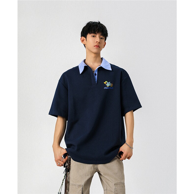 腊肠狗假两件格子领POLO衫衬衫领大码M-5XL短袖T恤男78015P48控78,男装T恤,星座226-1