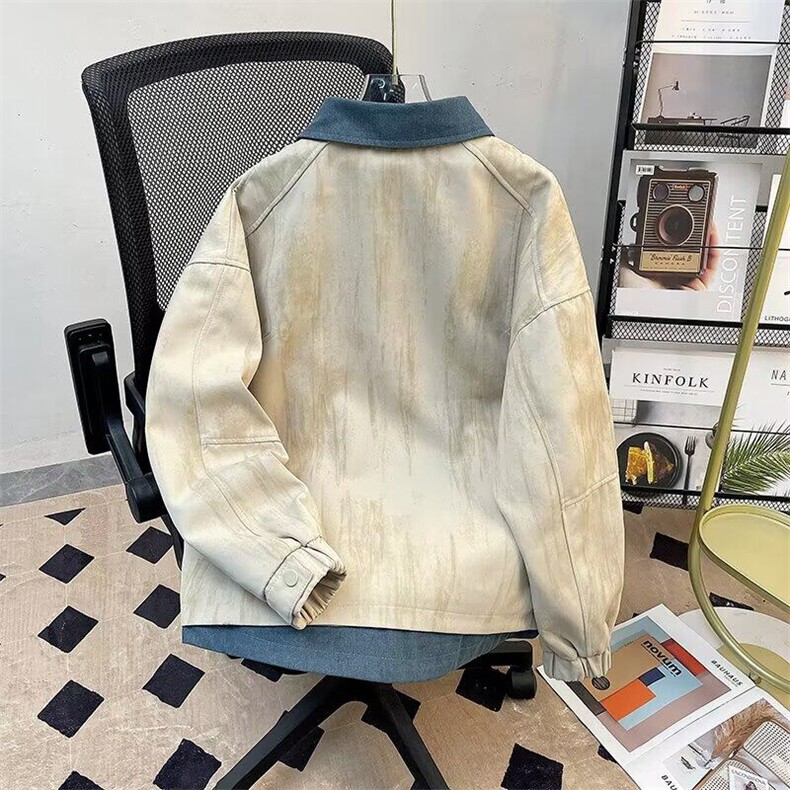 牛仔拼接假两件翻领外套男春秋痞帅衬衫领夹克上衣潮2877P100,男装夹克,星座410-2