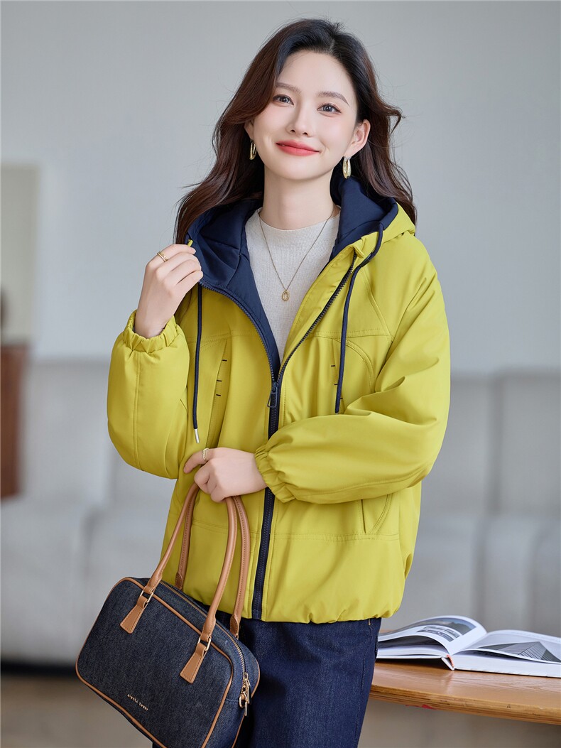 现货!2025年冬季时尚夹棉加厚连帽撞色女外套,女装棉衣/棉服,依恋蒂丝