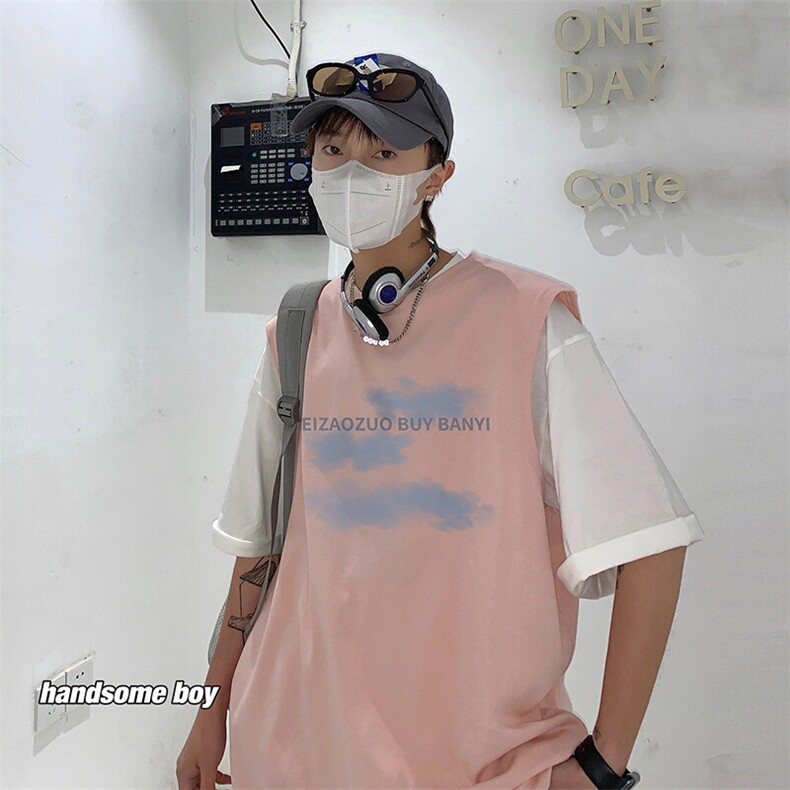 DF465-TP18云朵印花背心男夏季新款坎肩无袖t恤港风宽松大码T恤,男装T恤,电商A102