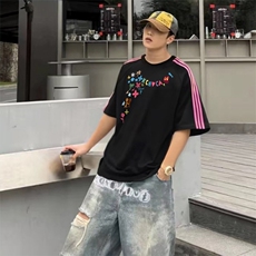 抖音得物品质二开240克宽松纯棉美式潮牌印花三条杠中性风短袖T恤，男装T恤，电商A486