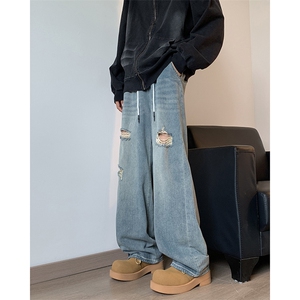 美式破洞牛仔裤男水洗宽松直筒裤子图片
