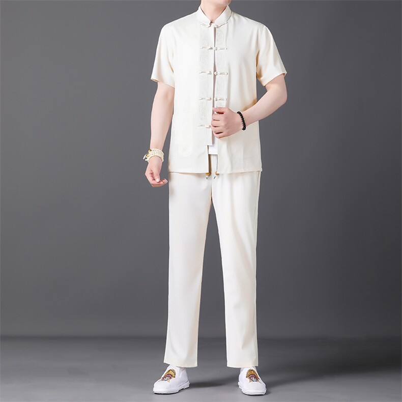 唐装男风两件套夏季中老年男士爸爸夏装短袖中式汉服刺绣盘扣,男装民族服装,电商B212（原钱塘6029）