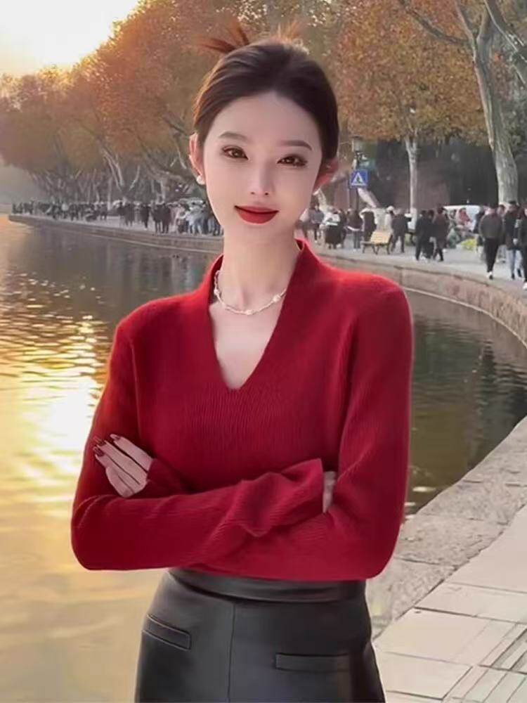 2025年秋季女士元宝针V领打底衫，女装针织衫/毛衣，百纯羊绒