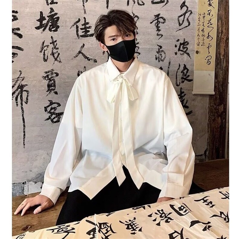 2025新款雪纺垂感可拆卸领带设计宽松长袖衬衫定制印字美发工作服,男装衬衫,星座506A