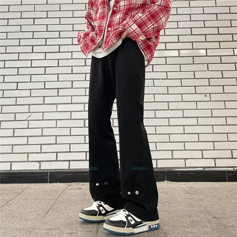美式高街vibe风黑色排扣牛仔裤男ins潮牌宽松直筒堆积感微喇裤子,男装牛仔裤,星座601-2