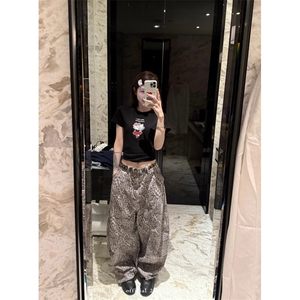美式复古辣妹小众豹纹弯刀裤阔腿做旧洗水工装裤女秋LN15044-P55图片
