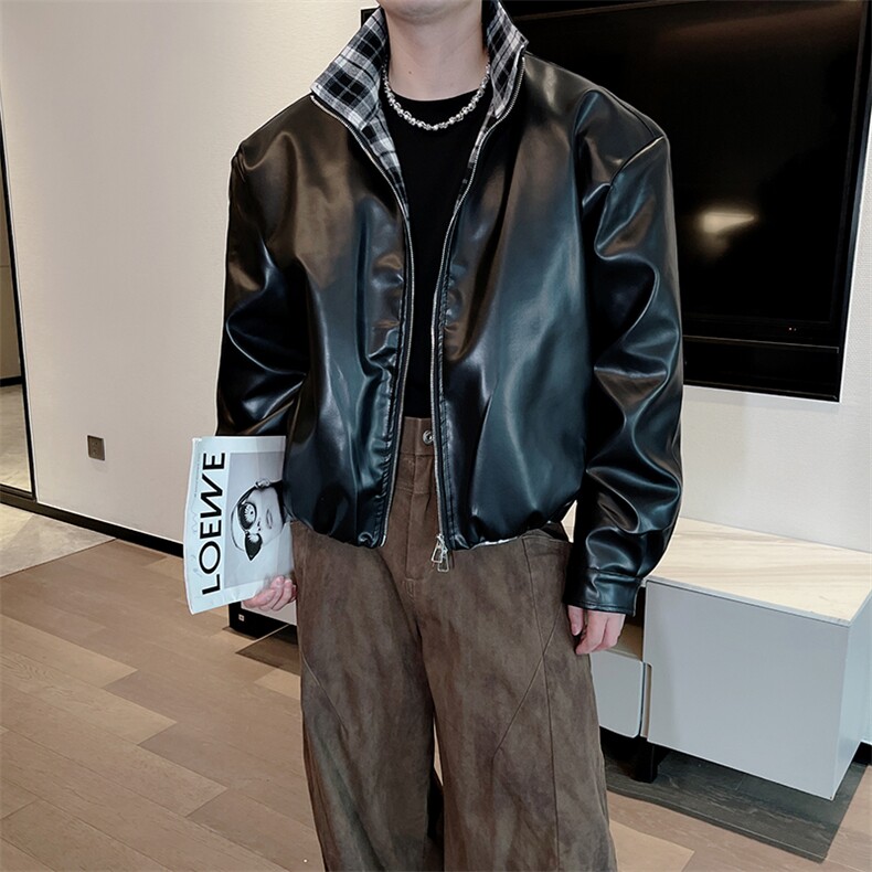 秋冬复古格子拼接加棉机车皮衣夹克棉外套男潮JK2377-P145档口图,男装夹克,电商B267