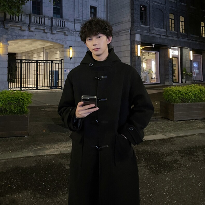 秋冬牛角扣连帽毛呢大衣男宽松英伦风衣外套MN00706/P125加棉P135图片