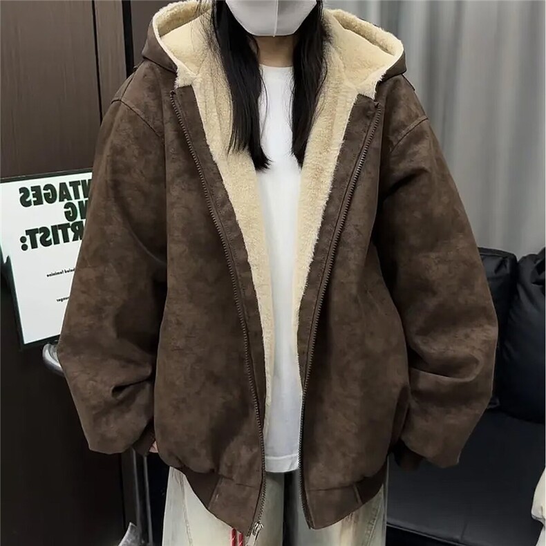 现货足 美式宽松PU皮连帽座山雕加厚保暖棉服M011特P80图片