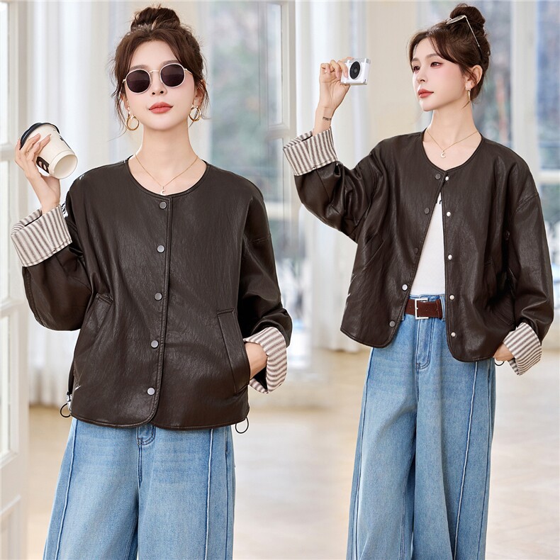 大量现货-2026年春季新款撞色时尚百搭高级感蛋白皮外套，女装皮衣，蓝诺裳