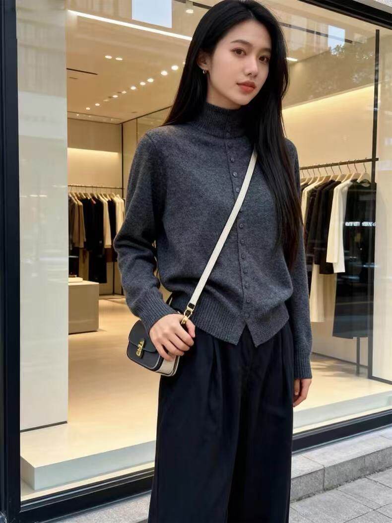 2025年秋季时尚百搭通勤简约休闲通勤立领开衫，女装羊毛衫，百纯羊绒