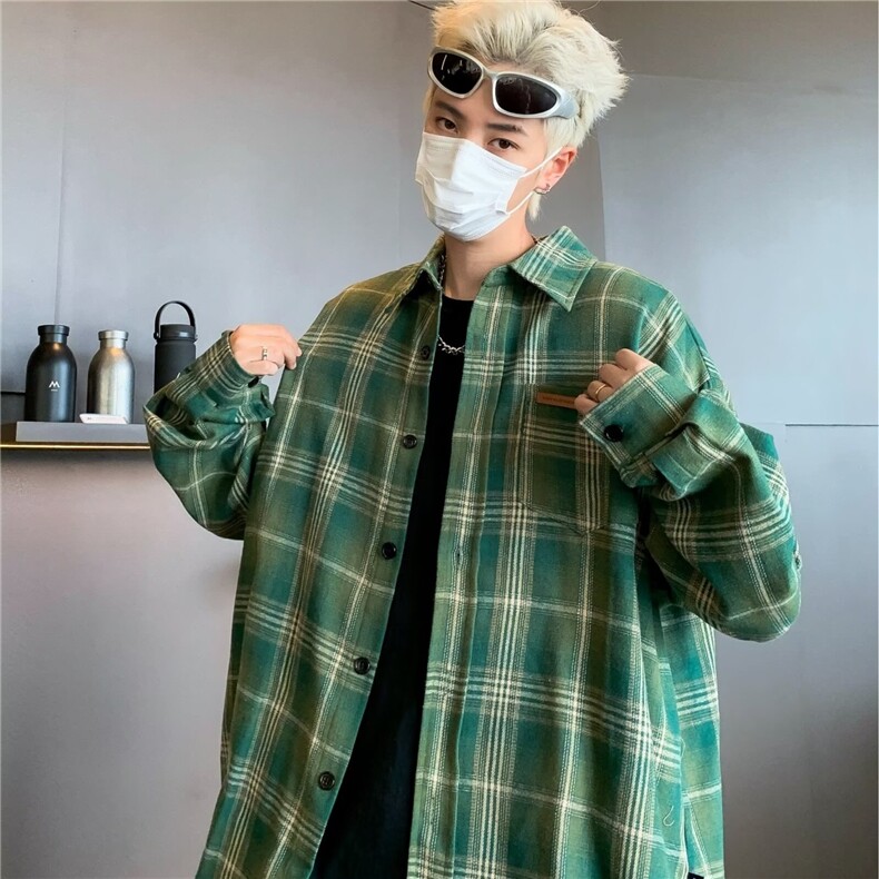 扎染格子长袖衬衫男2024春秋季新款潮牌宽松休闲衬衣外套C155/P38,男装衬衫,星座506