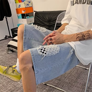 夏季高街潮牌休闲五分裤子破洞棋盘格牛仔短裤男 K3837-P36图片