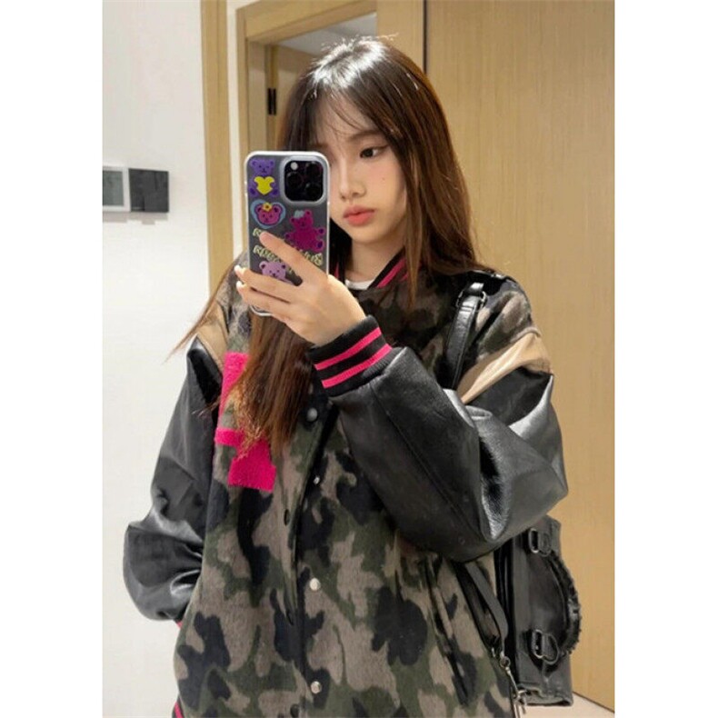 棒球服外套男女2025春秋季新款百搭拼接pu皮袖迷彩夹克J711,男装夹克,星座1116A（原606A-3）