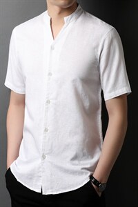2023年新款男士短袖上衣亚麻衬衫中青年商务半袖立领体恤P68图片