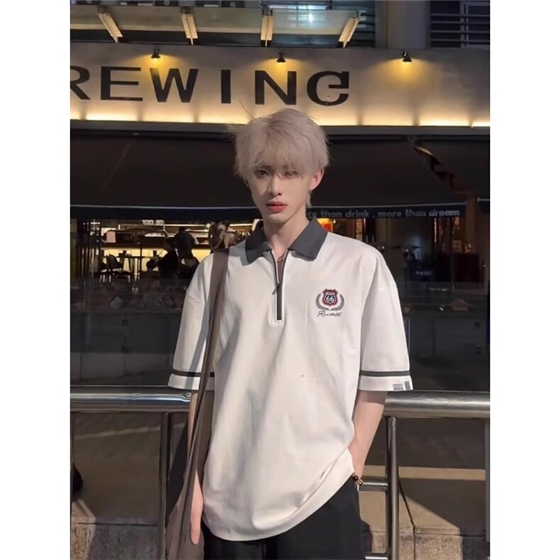 白色polo衫男高级感痞帅半拉链正肩短袖索罗娜凉感t恤美式七分袖，男装T恤，星座506A