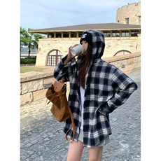 韩版设计感休闲连帽格子衬衫外套女春秋季新款宽松中长款情侣衬衣，男装衬衫，星座506A