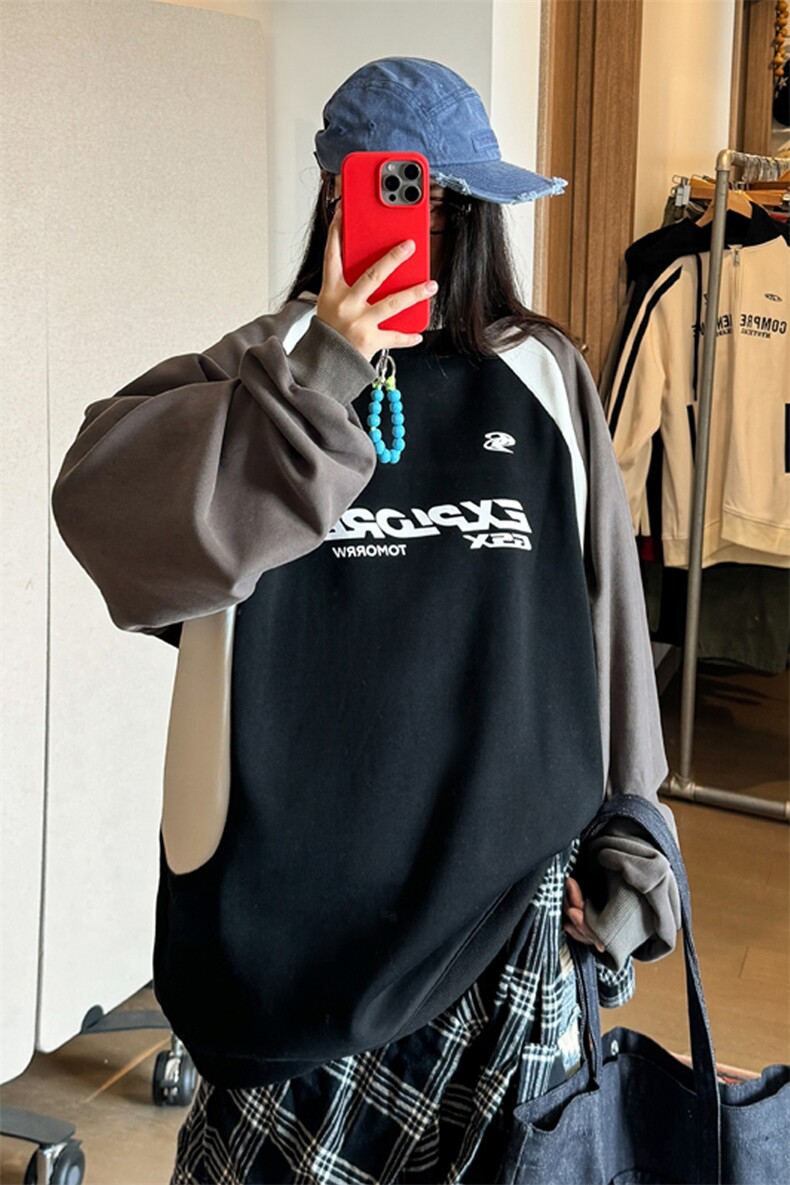 2024秋季新款女模自拍大码美式高街拼色卫衣M-5XHW24794-P60,男装卫衣,电商A022