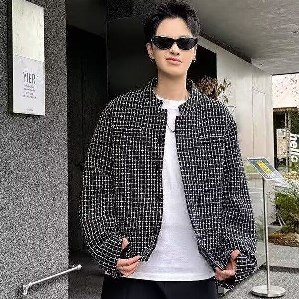 秋冬男士新款编织棉线小香风翻领夹克外套男女款休闲百搭保暖上衣图片
