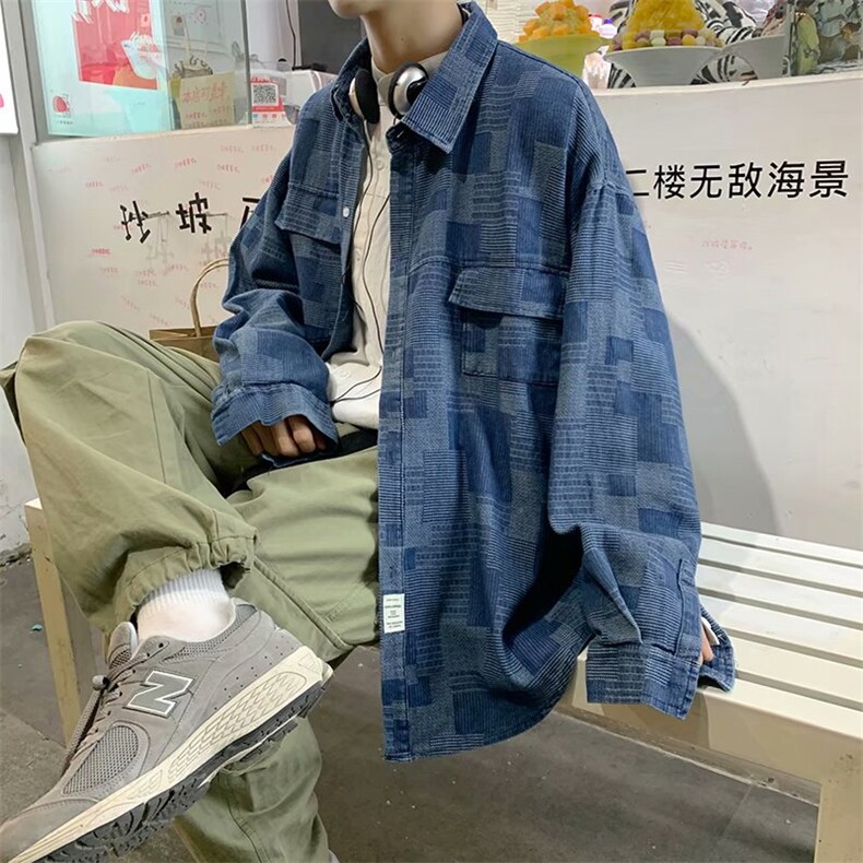设计感小众格子长袖衬衫男ins宽松日系牛仔衬衣潮牌外套CS81-p55图片