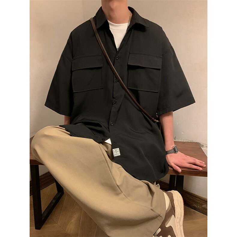 C3070/P35冰丝工装多口袋短袖衬衣男女潮大码外套衬衫男图片
