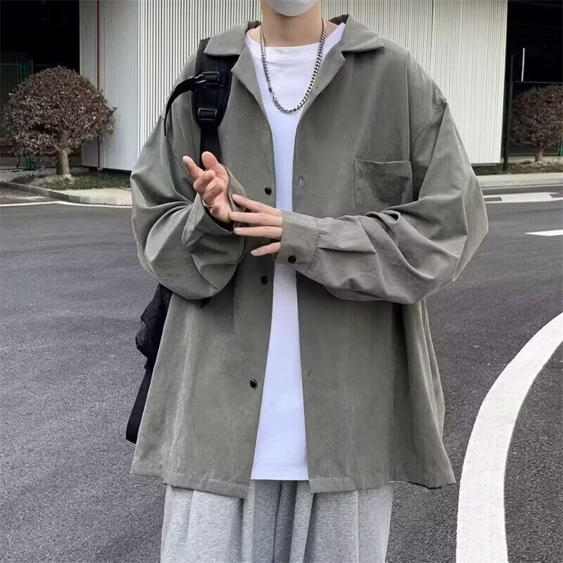 纯色工装衬衫男女长袖oversize古巴领衬衣休闲防晒开衫外套春夏季,男装衬衫,星座506A