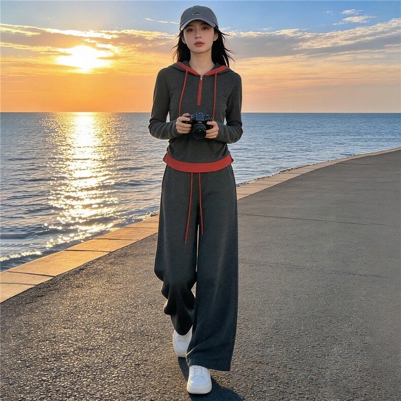 小众设计感女春新款时尚洋气撞色拼接连帽上衣高腰阔腿长裤两件套图片