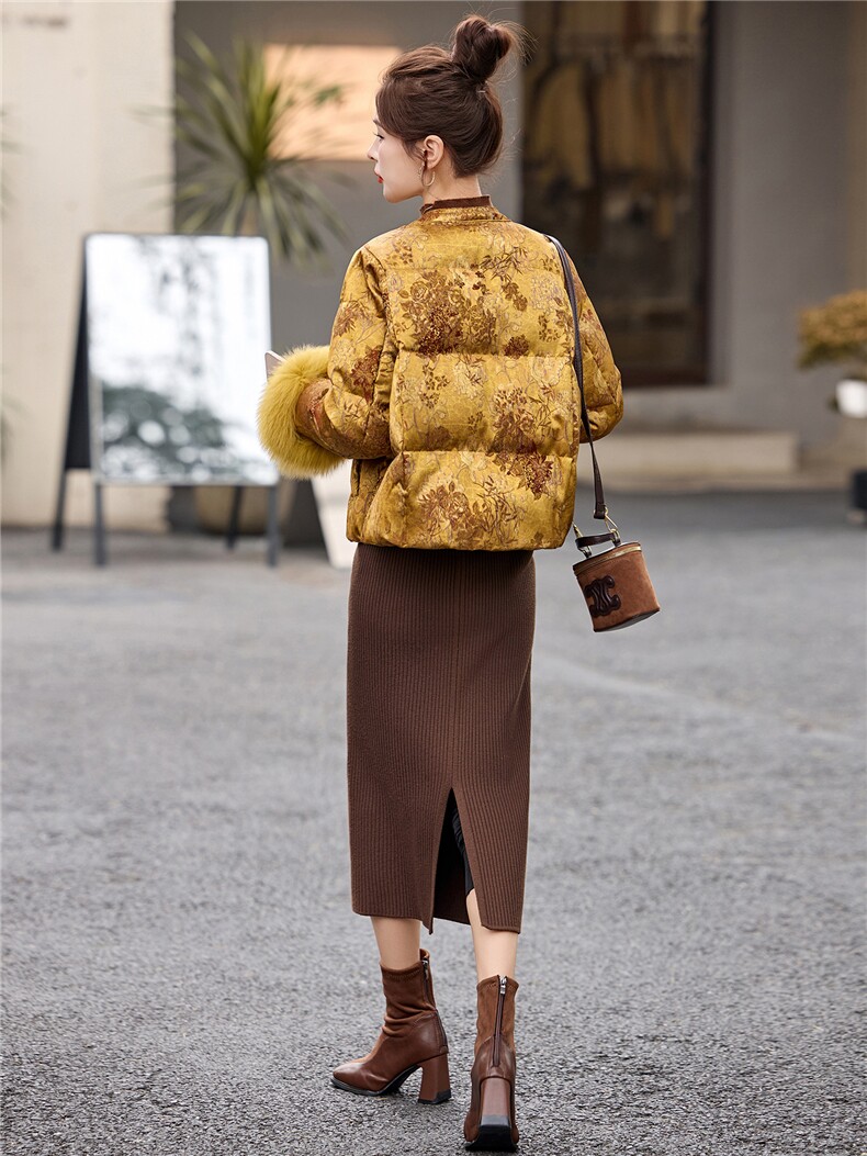 新中式90提花羽绒服2025年冬季新款高级感优雅气质白鸭外套,女装羽绒服,玖莱伊