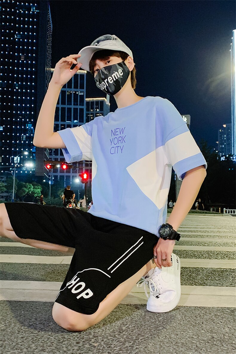 夏季新款潮牌运动休闲两件套短裤青少年短袖T恤套装男TZ255,男装休闲套装,电商A441