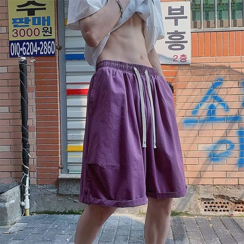 紫色休闲短裤男款夏季薄款美式复古oversize裤子过膝工装六分中裤,男装牛仔裤,星座601-2