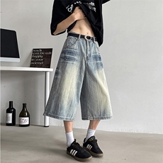 美式复古阔腿七分牛仔裤男女夏季宽松休闲直筒中裤N06682-P48，男装牛仔裤，星座308B-1