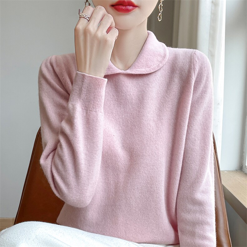羊毛衫女秋冬翻领宽松套头毛衣娃娃领简约纯色针织打底衫,女装羊毛衫,盛鼎羊绒