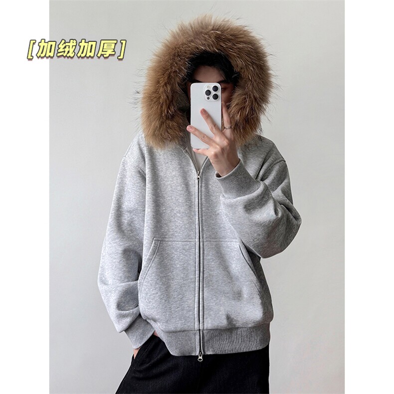 加绒卫衣冬季连帽双拉链开衫大毛领外套男5D4098-TP75118,女装短外套,电商A102