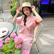【现货】主推韩系粉色衬衫裙新款夏季短袖小个子连衣裙，女装连衣裙，韩秀