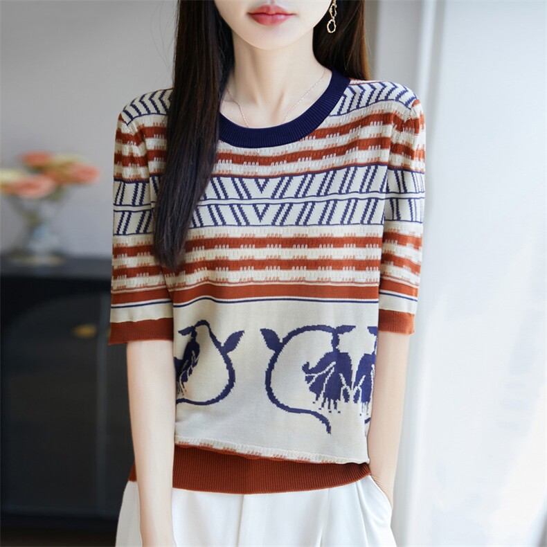 2025年秋季圆领提花圆领短袖时尚百搭通勤，女装T恤，大美人包芯纱店