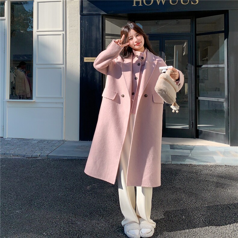 粉色羊绒大衣马甲两件套女中长款秋季新款韩系高级感气质毛呢外套,女装毛呢外套,2C030
