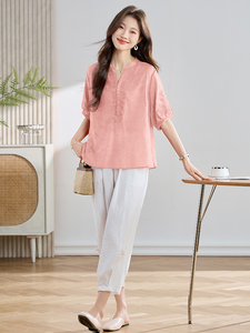 LIGHT MATURE半袖上衣女高端亚麻t恤女宽松短款2025新款白色短袖图片