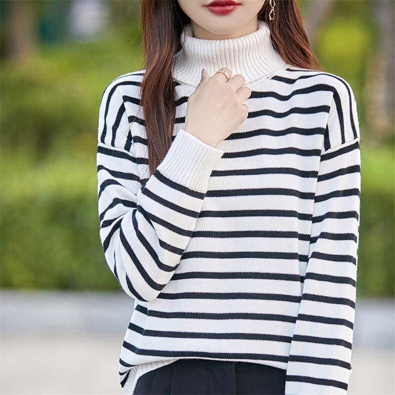 2025秋冬100%纯棉线高翻领加厚宽松款打底衫女条纹保暖针织衫毛衣,针织衫/毛衣,斯美雅电商供货