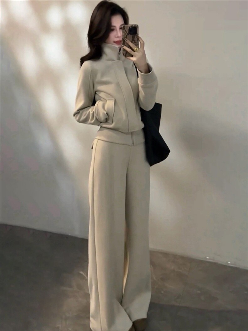 网红时尚气质套装女春季新款休闲运动立领开衫卫衣阔腿卫裤两件套,女装套装/套裙,江南