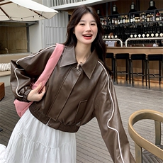《48H发》美拉德皮衣棒球服拼色荧光条短外套，女装皮衣，辰辰家