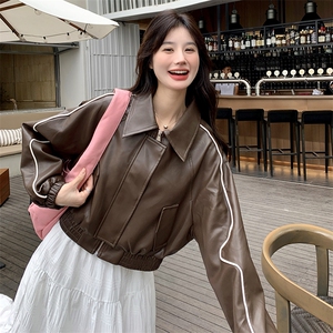 《48H发》美拉德皮衣棒球服拼色荧光条短外套图片